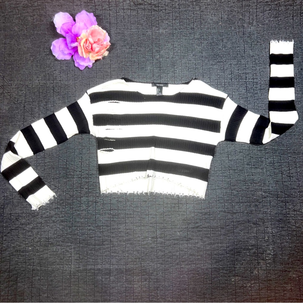 Forever 21 Women's Black&Whited Striped Chewed Hem Crop top with Holes; S